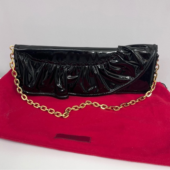 Authenticated Valentino Garavani Black Patent Leather Clutch w GoldChain duster - Picture 3 of 17